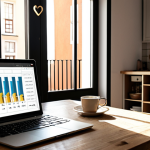 **

A split image. On one side, a cozy Swedish kitchen with children drawing at the table, sunlight streaming through the window (representing "Bostadsdrömmar - Housing Dreams"). On the other side, a graph overlaying a spreadsheet on a laptop screen, showing rental income projections (representing "Investeringskalkyler - Investment Calculations"). Style: realistic, bright, contrasting

**
